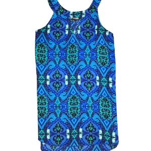 Express beautiful blouse high neck blue and green unique pattern sleeveless XS